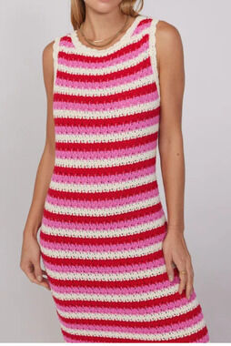 Kitri The Bunty Crochet Dress Pink Stripe Straight Maxi Sleeveless Size XS